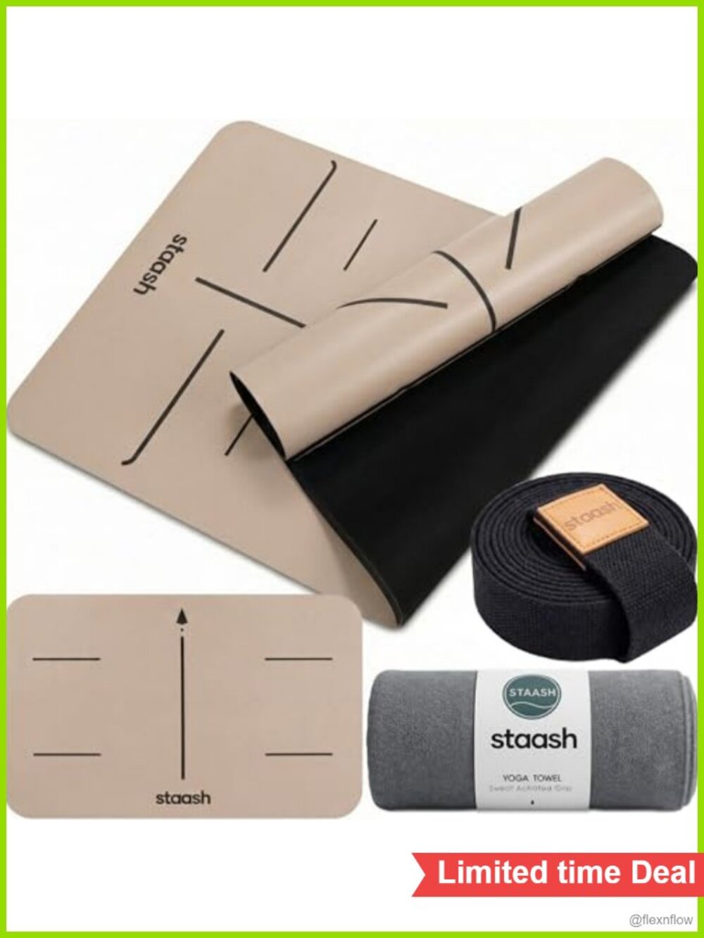 Premium Yoga Set PU Natural Rubber Mat Towel Strap Knee Pad Non-Slip
